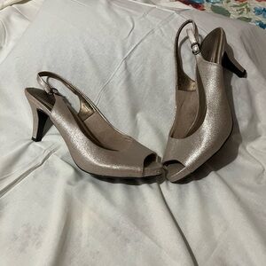 Life Stride Champagne Metallic Peep-Toe Slingback Heels